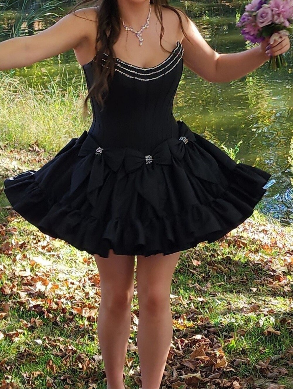 Sherri Hill Black Strapless Ruffled Mini with Beaded Neckline